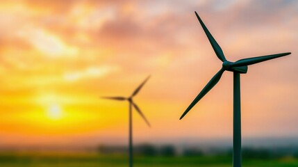 Fototapeta premium Beautiful sunset behind wind turbines highlighted in vibrant colors, symbolizing renewable energy and sustainable technology.
