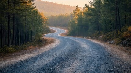 Fototapeta premium Gravel road in pine forest, rustic and rural charm