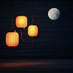 Fototapeta premium Mid-Autumn Festival lanterns, glowing under full moon, 3D illustration