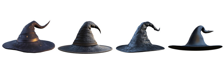 Set of Mysterious Witch Hat in 3D Render for Halloween on Isolated Transparent Background