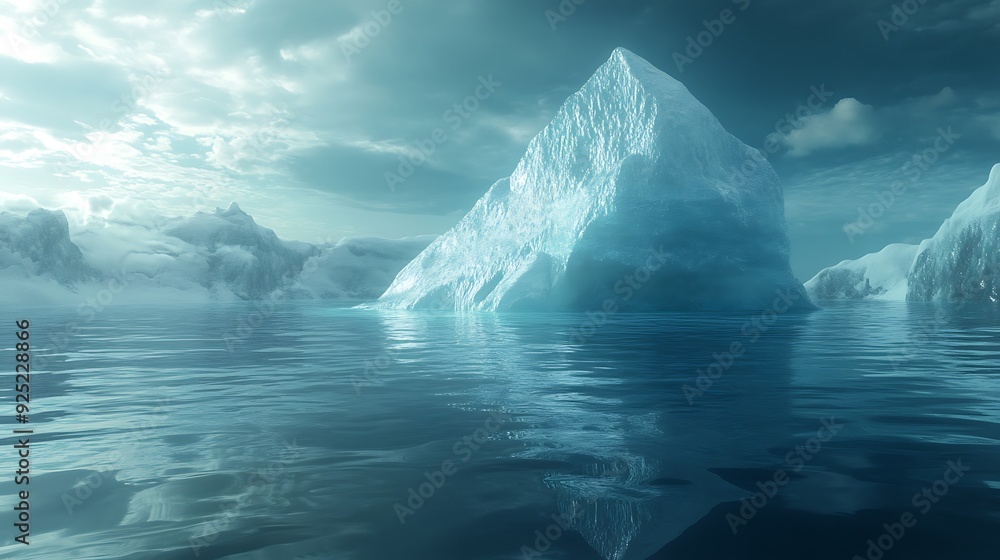 Wall mural a large iceberg sits in calm water with snow covered mountains in the background and a cloudy sky ov
