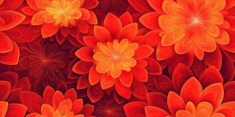 Obraz premium Bright, fiery floral pattern in red and orange with intricate details, creating a warm and energetic atmosphere. Perfect for bold, dynamic designs.