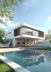 Fototapeta premium Modern Architecture with Swimming Pool and Green Lawn
