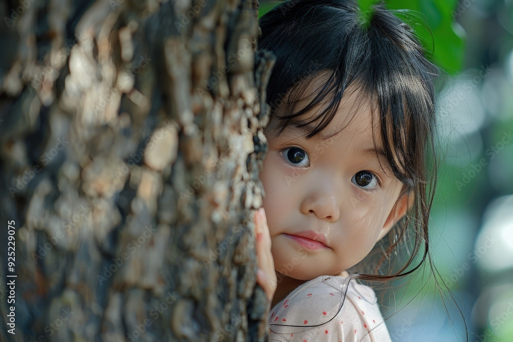 Canvas Prints a little girl peeking out from behind a tree