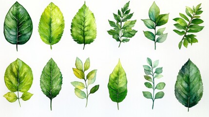 Collection of various green leaves in watercolor style - generative ai