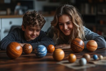Fototapeta premium Children examining a collection of solar system models indoors during a quiet afternoon