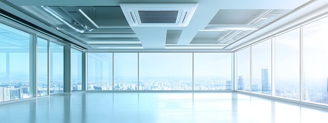 A white room with an air conditioner and large windows overlooking the city