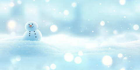 Fototapeta premium A cheerful snowman sits in a snowy landscape, surrounded by soft bokeh lights. The light blue and white tones create a festive and whimsical winter feel.