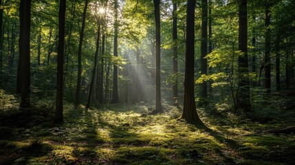 A tranquil forest with green deciduous trees, with sunlight filtering through the canopy, highlighting the beauty of nature