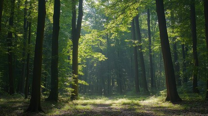 Fototapeta premium A tranquil forest with green deciduous trees, with sunlight filtering through the canopy, highlighting the beauty of nature