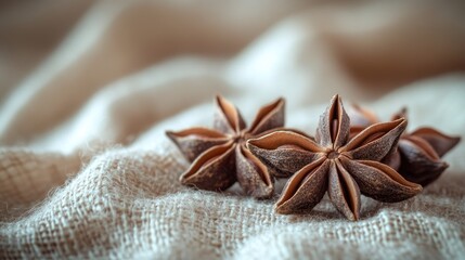 A trio of star anise spices lying on a soft, beige cloth, with a blurred, wooden table background