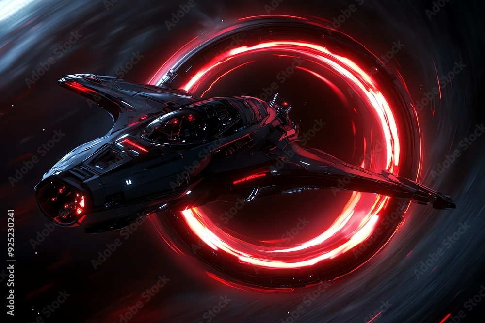Aufkleber A futuristic spaceship flies through a glowing red ring in a dark space.