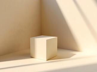 Beige Minimalist Cube Podium Product Display Mockup with Sunlight