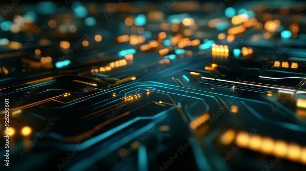 Poster a vibrant close-up of a glowing circuit board, showcasing intricate paths and glowing elements in bl