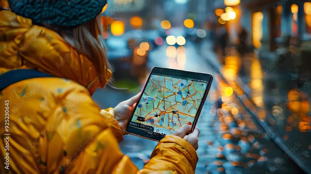 Poster a person using a tablet to navigate a map while driving, highlighting the map details and interface