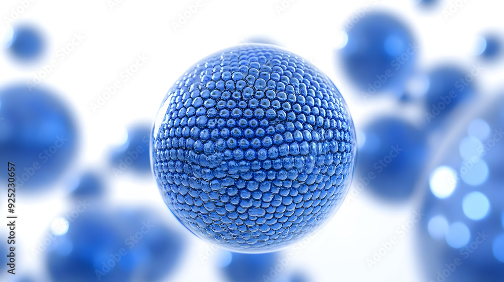 Poster a close-up view of a blue spherical structure resembling microscopic particles.