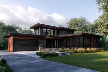 Modern Home with Stone and Wood Exterior