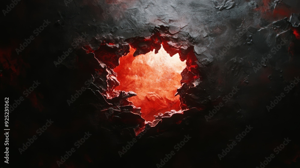 Poster an abstract image featuring a glowing red core surrounded by dark textures, evoking feelings of warm