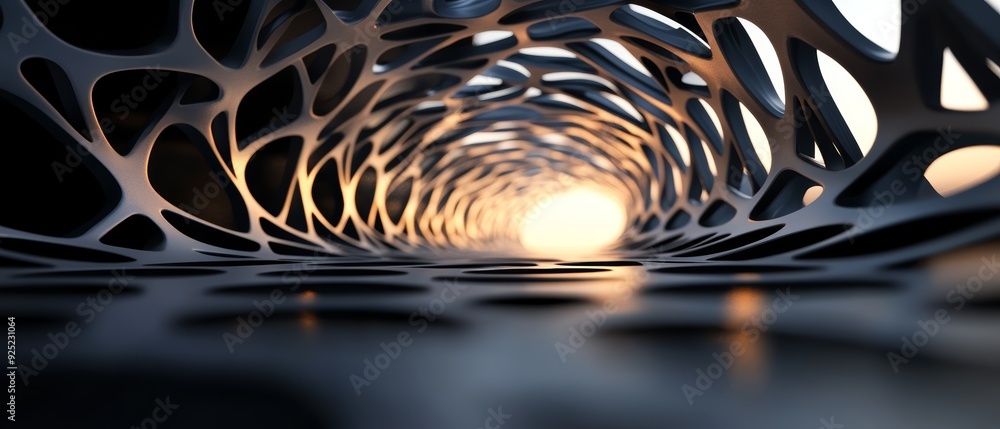 Poster abstract view of a tunnel structure with intricate patterns, illuminated by soft light, creating a s