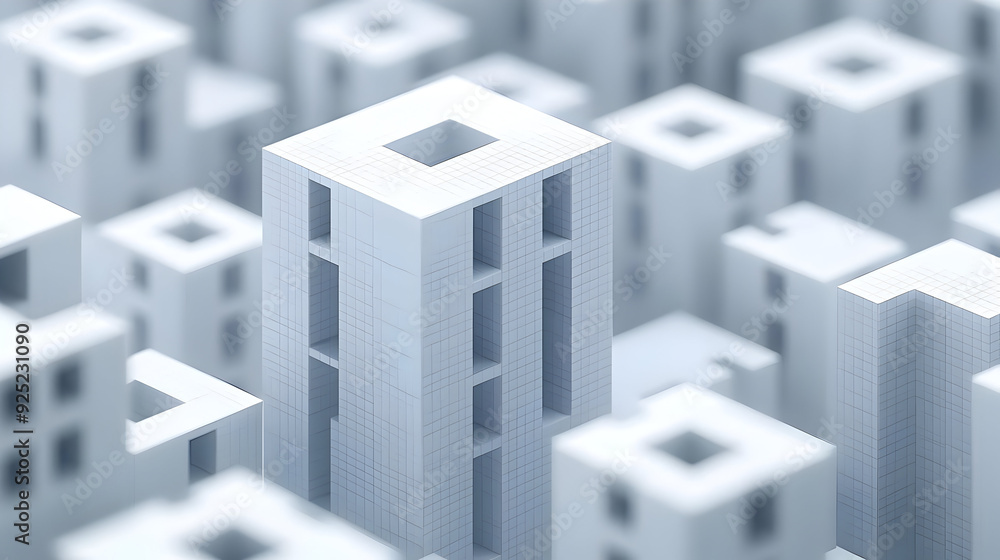 Poster a close-up view of abstract white cityscape structures with geometric designs.