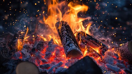 A vibrant fire burning at the center of a wood pile, with flames dancing and sparks flying into the air