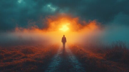 Fototapeta premium A lone figure strides down a path, approaching a breathtaking sunset that bathes the landscape in golden hues