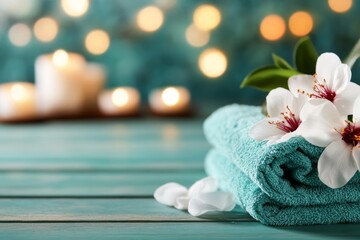 Calming spa scene showcasing soft towels, flowers, and candles on a tranquil surface, perfect for relaxation and wellness themes.