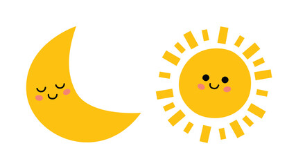 Cute smiling sun and sleeping moon, simple flat illustration, icons, children's book style. Day and night kawaii characters isolated on a white background. Vector poster, banner or postcard.