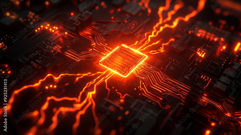 Poster close-up of a vibrant circuit board with glowing orange lines and a central processing unit, symboli