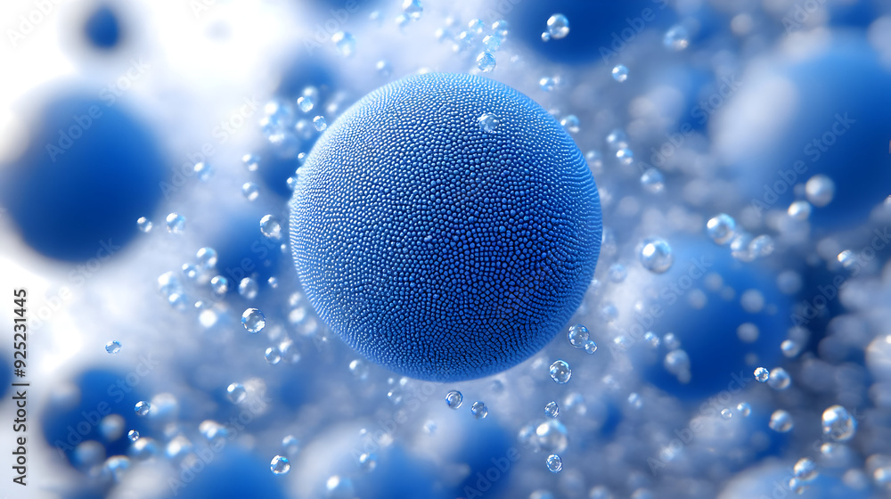Poster a close-up view of blue spherical particles in a fluid, resembling microscopic structures.
