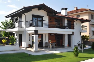 Modern White Two Story House with Balcony and Patio