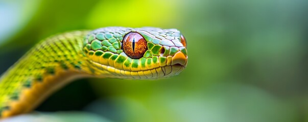 Fototapeta premium Close-up of a vibrant green snake showcasing intricate scales and striking eyes, set against a lush tropical background.