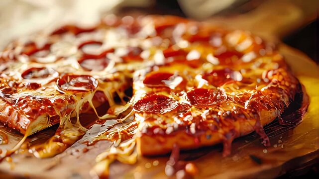A slice of pepperoni pizza with melted cheese dripping, showcasing deliciousness