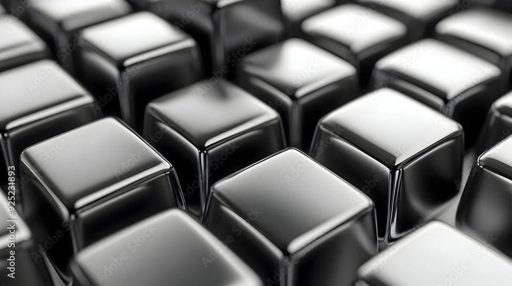 Poster a close-up view of glossy black cubes arranged in a grid pattern.