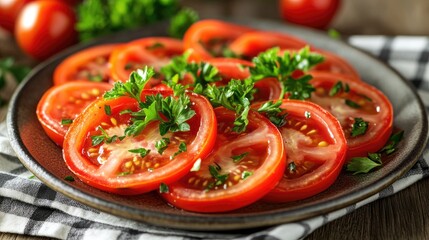 A vibrant plate of fresh tomato slices garnished with sprigs of parsley, set on a wooden table with a checkered napkin