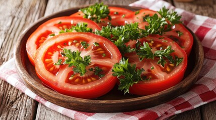 A vibrant plate of fresh tomato slices garnished with sprigs of parsley, set on a wooden table with a checkered napkin