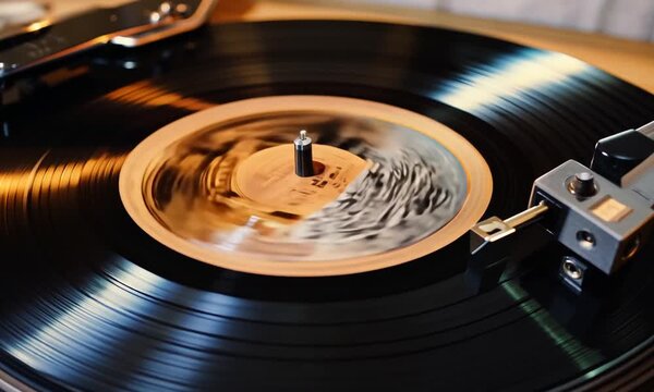 Close up of turntable playing vinyl record