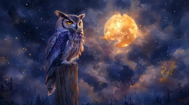 Majestic owl perched under a full moon - generative ai