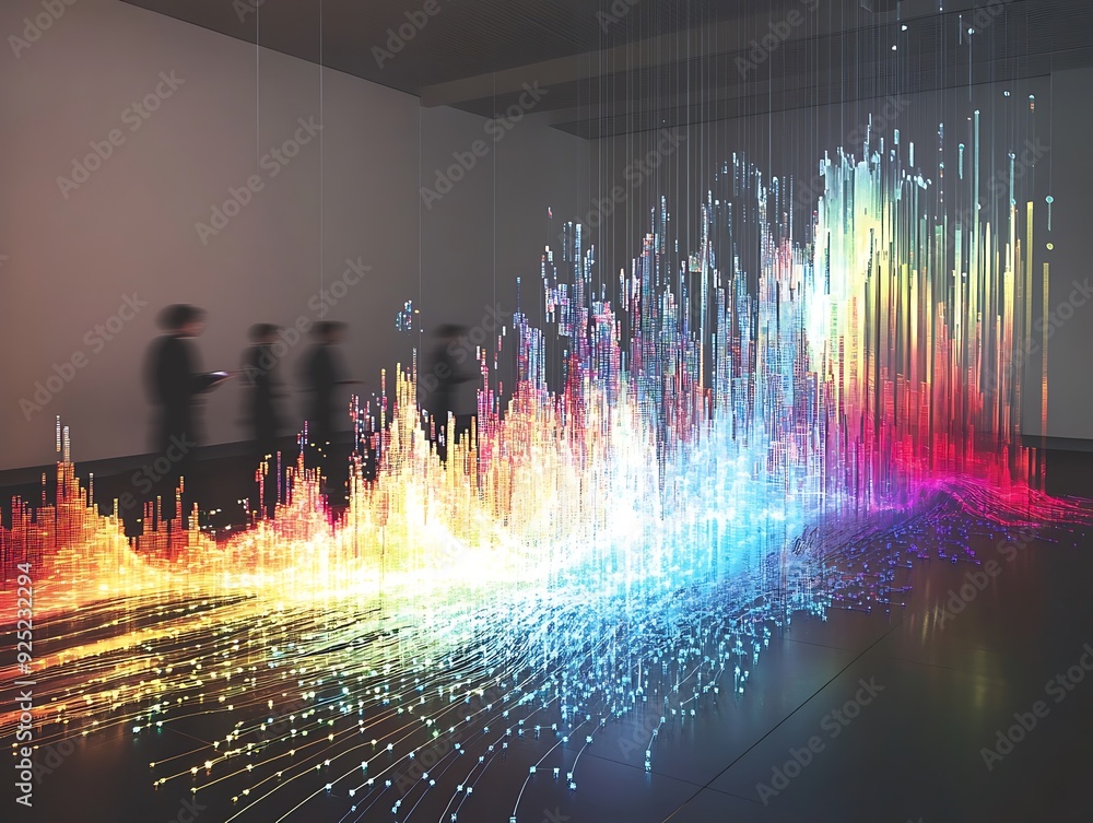 Poster a colorful abstract installation of strings and lights in a modern gallery