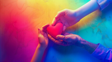 International Mental Health Day. Top view of the hands of a child and an adult holding a heart on a bright rainbow background. The concept of love and self-care, peace of mind and balance.