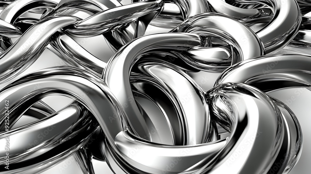 Poster a close-up view of interlinked metallic chains with a shiny, reflective surface.
