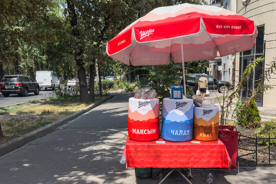 Bishkek, Kyrgyzstan - August 11, 2024: Street stall with Kyrgyz national soft drinks.