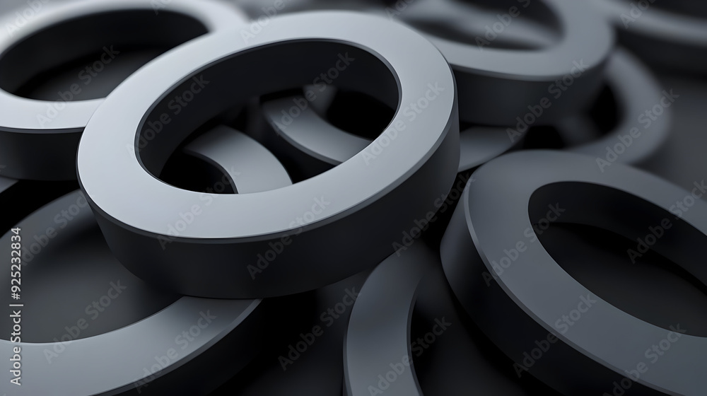 Poster a close-up view of overlapping black rings on a dark surface.