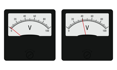 Vintage analog voltmeter device for measuring voltage. Vector illustration isolated on white background. Flat style