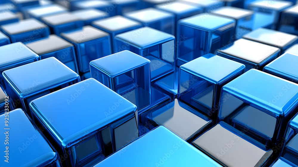 Poster a close-up view of shiny blue glass-like cubes arranged in a grid pattern.