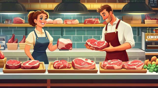 Meat counter in a butcher shop, with a smiling female and male butchers wearing aprons behind the meat display case, which contains various types of meat.