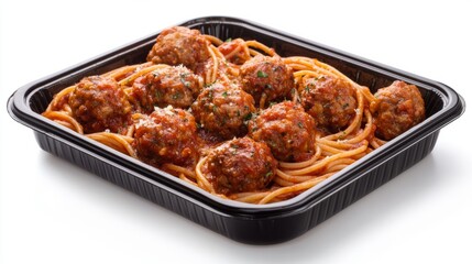 Delicious Meatball Spaghetti in a Black Container - Studio Shot