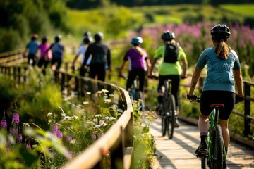 A group of cyclists enjoying a scenic bike ride on a wooden path surrounded by lush greenery and blooming flowers, showcasing the beauty of nature and active living.