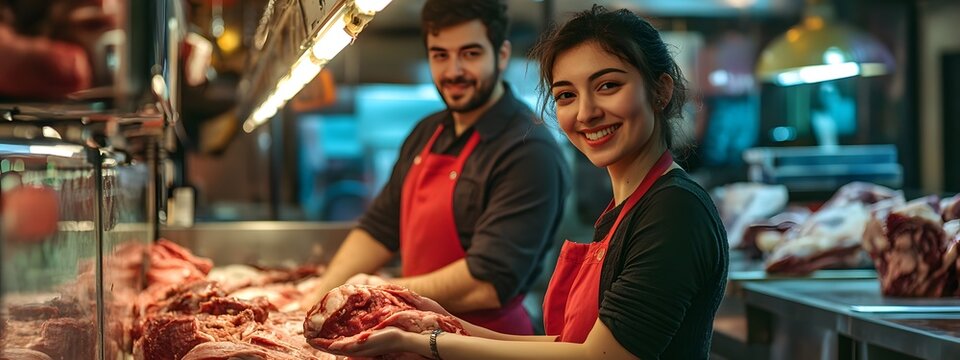 Meat counter in a butcher shop, with a smiling female and male butchers wearing aprons behind the meat display case, which contains various types of meat.