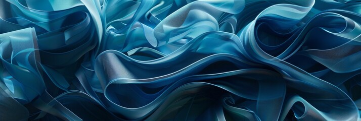Obraz premium 3D render of vibrant blue ribbons on an abstract canvas, with a macro view a detailed paper scroll
